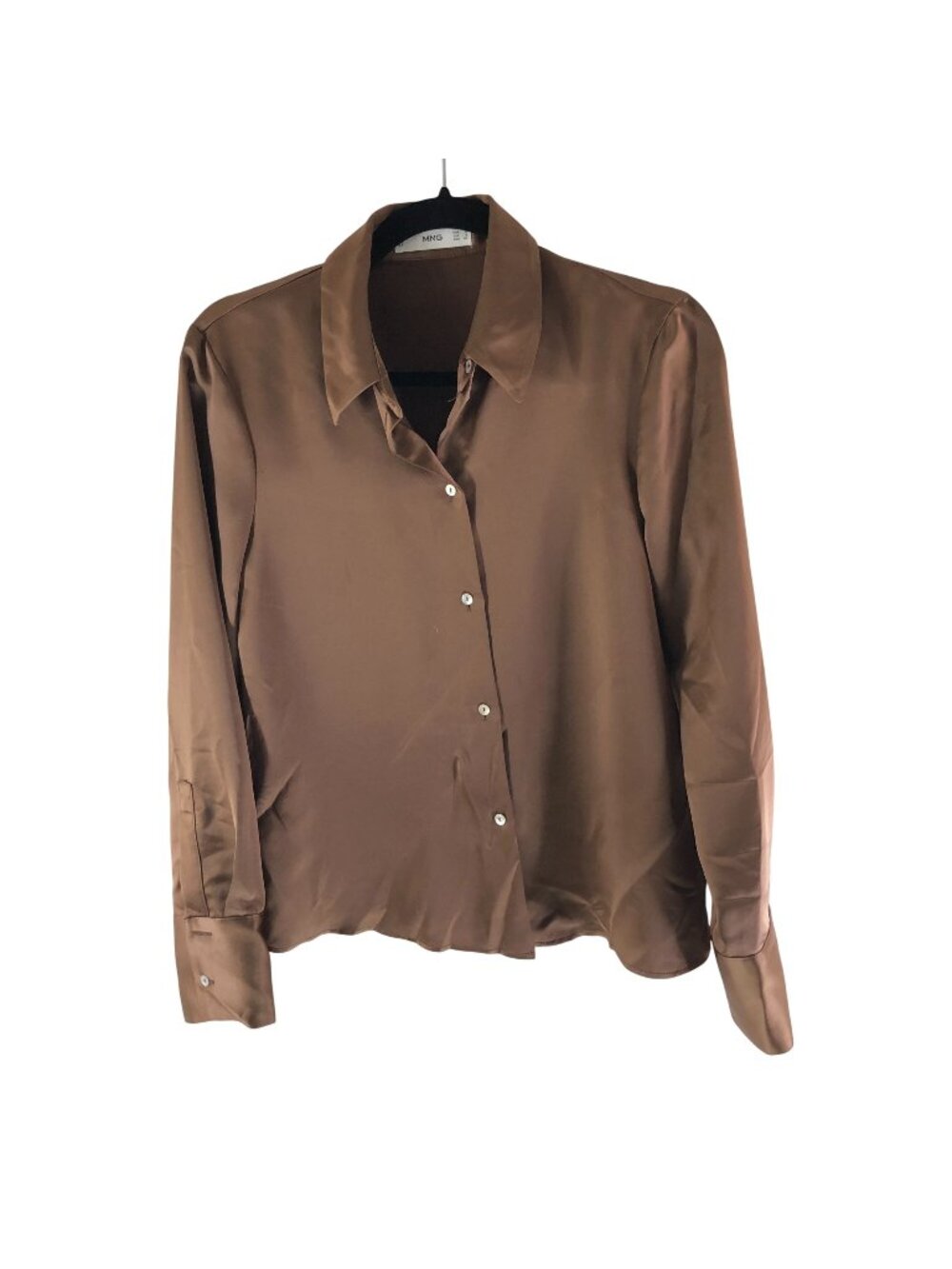 MNG Mango Brown Satin Button-Down Long-Sleeve Shirt Oversized Womens S